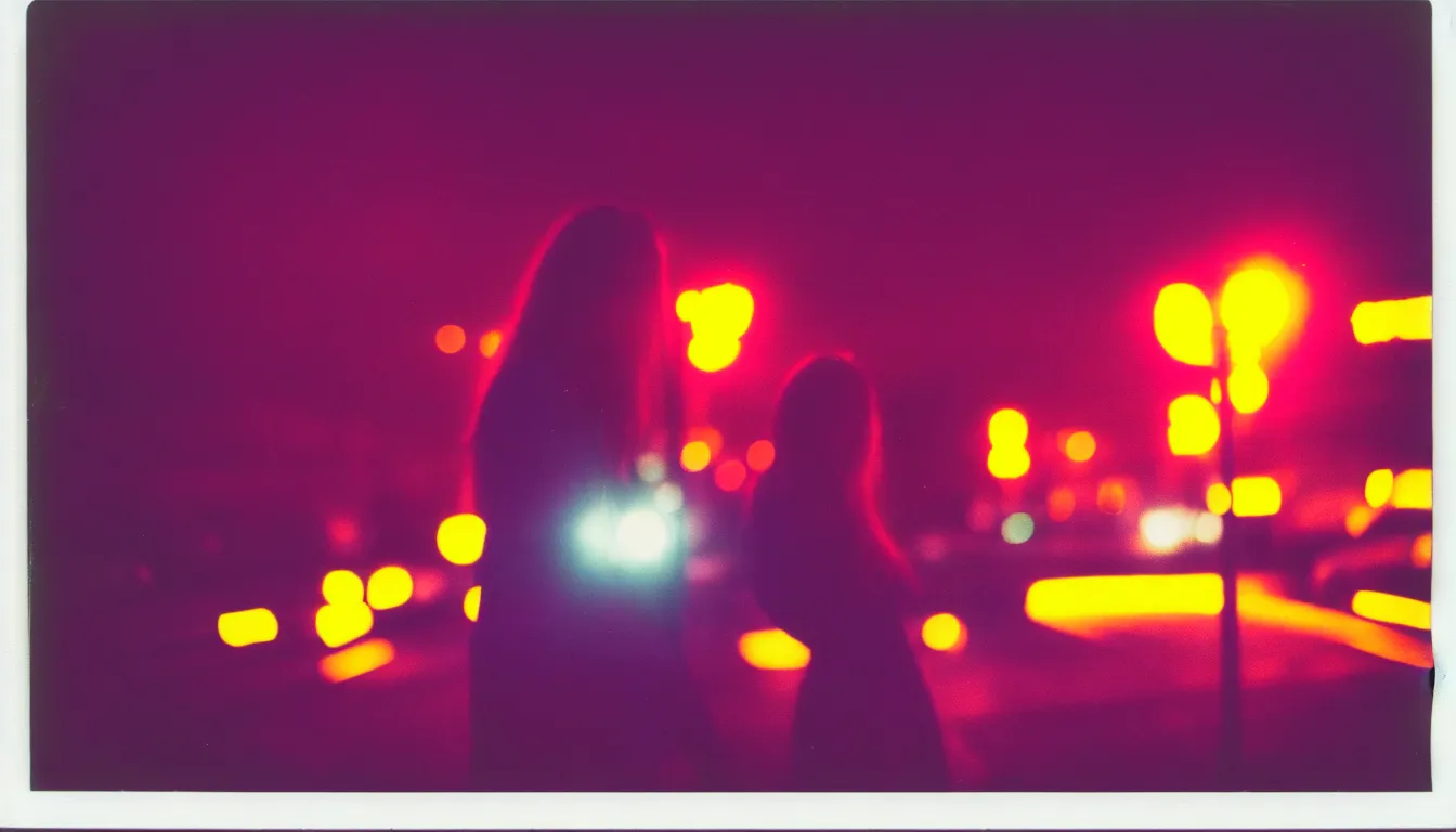 Prompt: colorful instant photograph of a woman in a city at night, polaroid, light leak, raw, nostalgic