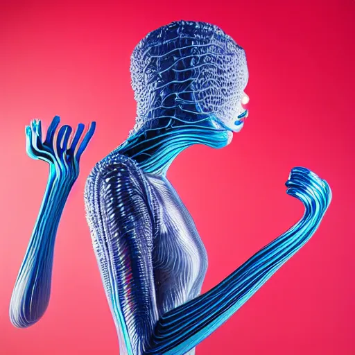 Prompt: machine cover art arms lips future bass girl unwrapped statue bust curls of hair petite lush side view body unfolds photography model full body curly jellyfish lips art contrast vibrant futuristic fabric skin jellyfish material metal veins style of Jonathan Zawada, Thisset colours simple background objective