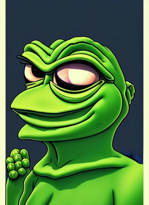 Image similar to pepe the frog character, by matt furie!!!, sad, depressed, portrait, intricat, highly detailed, digital painting, artstation, concept art, wallpaper, smooth, sharp focus, illustration, art by artgerm and greg rutkowski!! and alphonse mucha