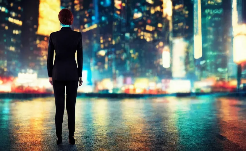 Image similar to a wide shot of a woman with a wool suit, short hair, blurred face, from the back, in front of a crowded dystopian city at night with cyberpunk lights