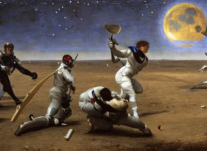 Image similar to a cricket match on the moon by edgar maxence and caravaggio and michael whelan and delacroix style, artistic, intricate painting, cinematic lighting, hyper realistic, extremely detailed, establishing shot, 8 k resolution, dramatic lighting