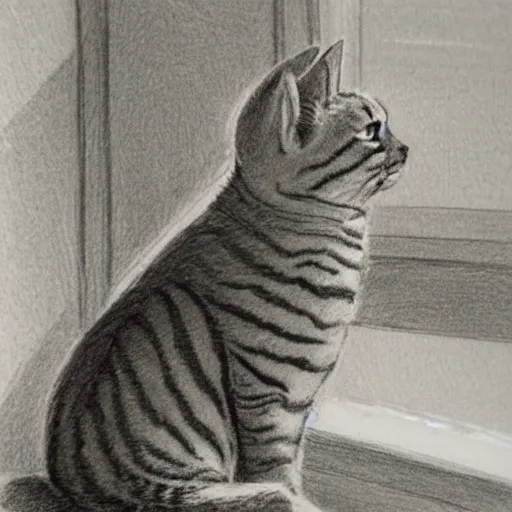 Prompt: a tabby cat named clarence laying on a table looking out the window, it is a sunny day, in the style of a hand drawn pencil sketch