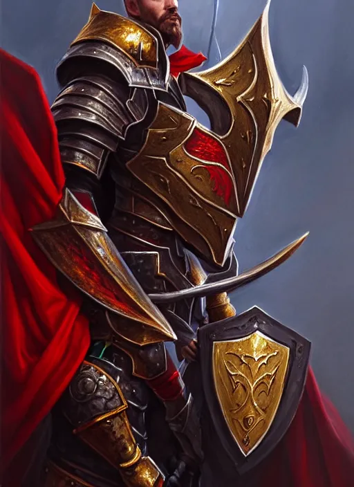 Image similar to a _ fantasy _ style _ portrait _ painting _ of paladin knight with shield fighting a red dragon, oil _ painting _ unreal _ 5 _ daz. _ rpg _ portrait _ extremely _ detailed _ artgerm _ greg _ rutkowski _ greg