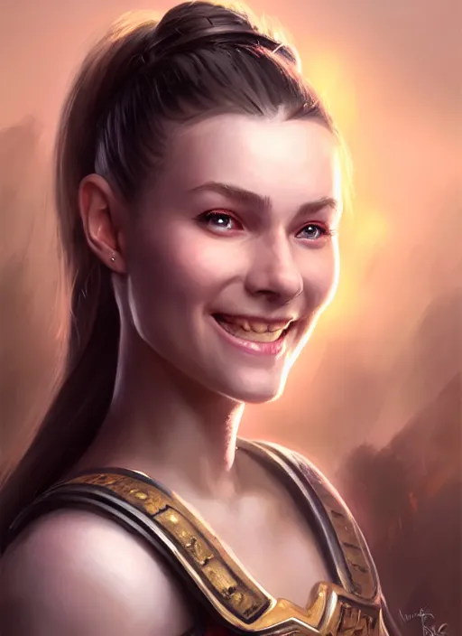 Image similar to a _ fantasy _ style _ portrait _ painting _ of white girl, dark ponytail hair, smiling, round face, rpg dnd oil _ painting _ unreal _ 5 _ daz. _ rpg _ portrait _ extremely _ detailed _ artgerm _ greg _ rutkowski _ greg