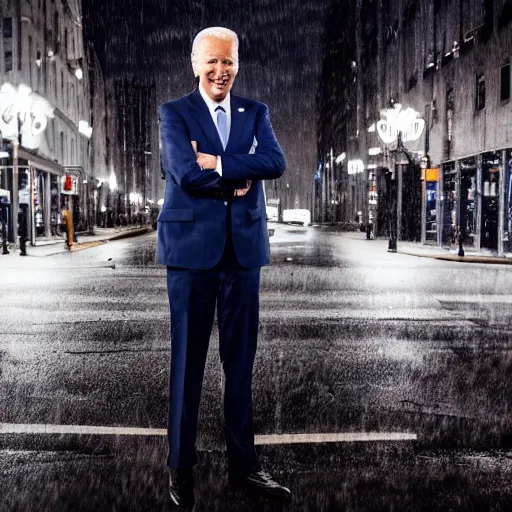 Prompt: joe biden standing in a city street in the middle of a stormy night, award winning long exposure photography