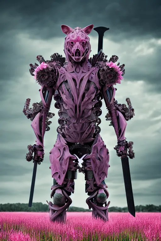 Image similar to hyperrealistic neo - gothic muscular human chimera hybrid, exoskeleton armor, holding katana, standing in a field of pink flowers, highly detailed smooth concept art masterpiece, vitaly bulgarov giger dramatic dark teal light, ground angle hd 8 k, sharp focus