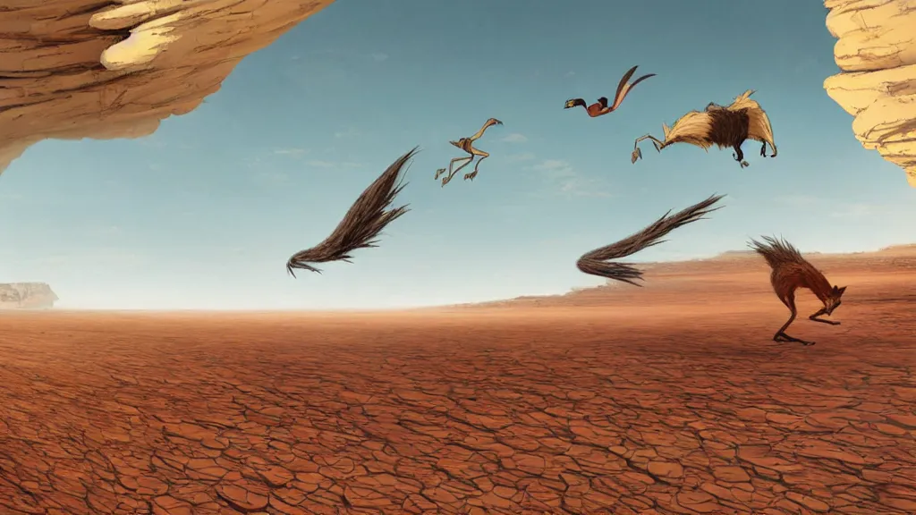 Prompt: wile e coyote chasing roadrunner across the open sand, karst landscape desert, wide shot, concept art by greg rutkowski