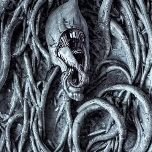 Image similar to xenomorph in ice cavern, close up photo, creepypasta, monochromatic