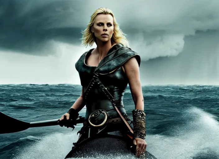 Image similar to dramatic photo of charlize theron as a viking women with weapons riding on a jet ski, wearing skin - tight futuristic valkerie bikini, rough seas in background, lightning storms, water world, mad max, hyper - realistic, highly detailed, accurate, 8 k octane render, 2 8 mm, wide angle, rule of thirds