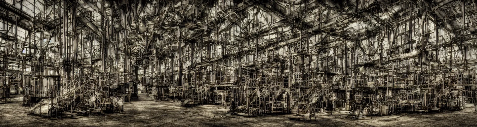 Image similar to an industrial age steam engine factory, color photography, digital art