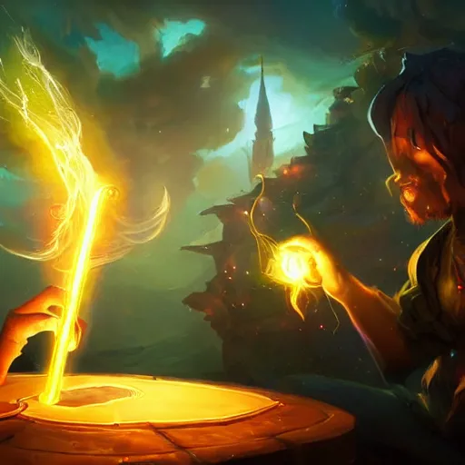 Prompt: glowing magic pen floating on the table, magic smoke trails on the magical pen, epic fantasy style, in the style of Greg Rutkowski, hearthstone artwork