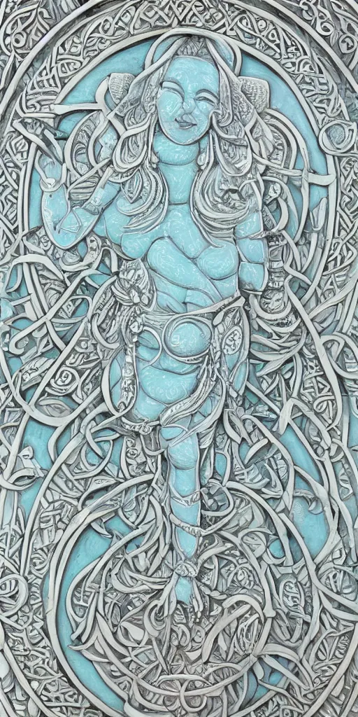 Image similar to intricate colourfully painted carved Soapstone relief paneling, white and pale blue , celestial, piggy, pig goddess, mother earth, Earth Goddess mythology, Gaia, angels, divinity, Ghostly, crystaline celtic, insanly detailed , artstation, wallpaper, hyper realistic, realistic lighting