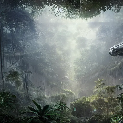 Image similar to cinematic shot of a sci-fi jungle made of trees and animals digital painting, artstation, concept art, soft light, hdri, smooth, sharp focus, illustration, fantasy, intricate, elegant, highly detailed, D&D, matte painting, in the style of Greg Rutkowski and Alphonse Mucha and artemisia, 8k, highly detailed, jurgens, rutkowski, bouguereau, pastoral, rustic, georgic