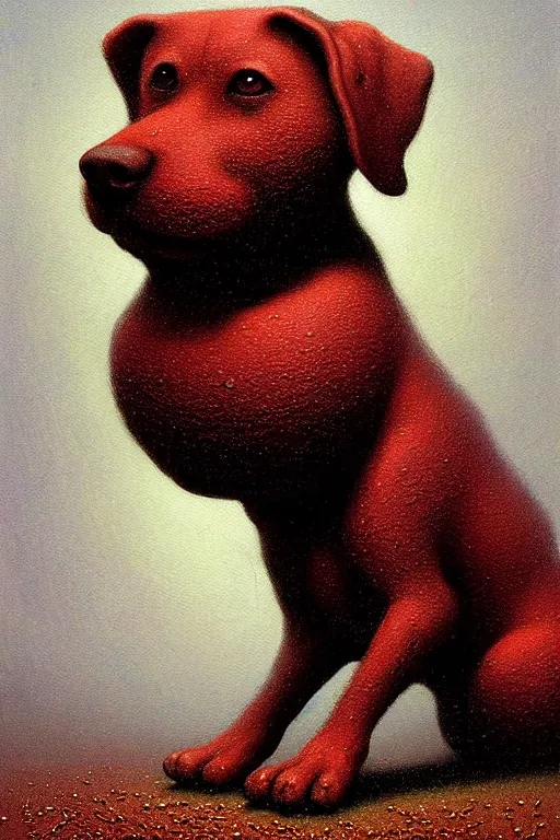 Image similar to painting of a very cute dog consisting entirely of british baked beans, dog is made of baked beans, baked bean skin texture, by zdzislaw beksinski, by dariusz zawadzki, by wayne barlowe, gothic, surrealism, cosmic horror, lovecraftian, cold hue's, warm tone gradient background, concept art, beautiful composition