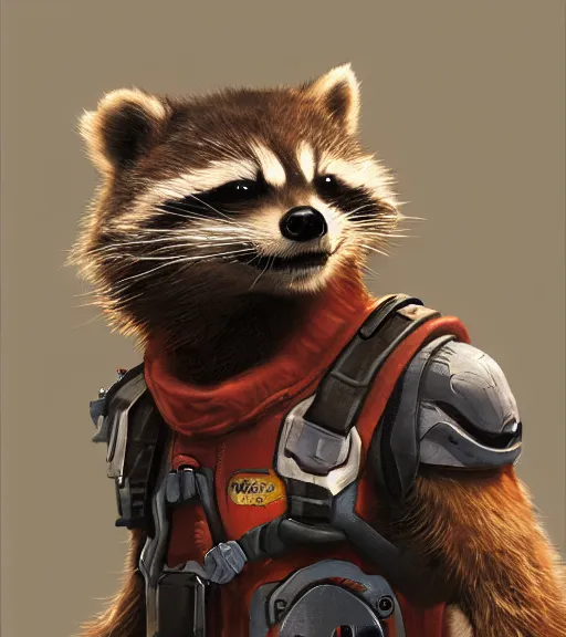 Image similar to a closeup portrait of Rocket Raccoon by Craig Mullins; extraordinary-masterpiece; realistic-lighting; anatomically-correct; 90mm; f/1.4