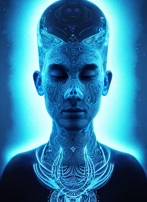 Image similar to 3 d shaman with tattoos profile portrait, sigma 5 0 0 mm f / 5. beautiful intricate highly detailed. bioluminescent, plasma, frost, water, wind, creature, gradient background, thunderstorm! artwork by tooth wu and wlop and beeple and greg rutkowski, 8 k trending on artstation,