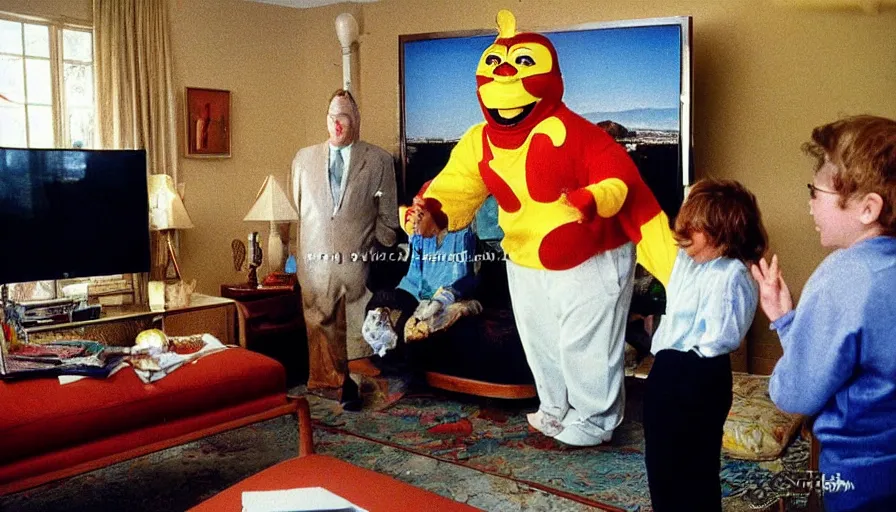 Image similar to 1990s candid 35mm photo of a beautiful day in the family living room, cinematic lighting, cinematic look, golden hour, a very large, oversized Japanese magical costumed car salesman mascot is hanging out of the TV and aggressively trying to sell the family and kids a sports car by force, the costumed salesman is a very large giant, he has fancy decorations on his costume, there is an expensive sports car in the living room with the family, sports car in the room, UHD