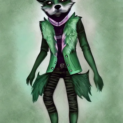 Image similar to Beautiful digital painting, anthro anthropomorphic pastel-green androgynous wolf, Punk outfit. lake