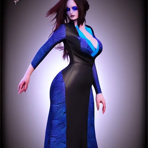 Image similar to curvy feminine hot goth cutie with sublime modest elegant patterned blue-black snakeskin leather neck-high gown, cgsociety, photorealistic, comfy ambience, idealistic, 16k, smooth, sharp focus, trending on ArtStation, volumetric lighting, fully clothed, worksafe