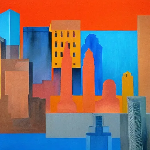Prompt: A beautiful painting of a cityscape. The different colors and shapes represent different parts of the city. cool orange, light blue, Google by Igor Morski, by Walt Disney, by Ben Shahn