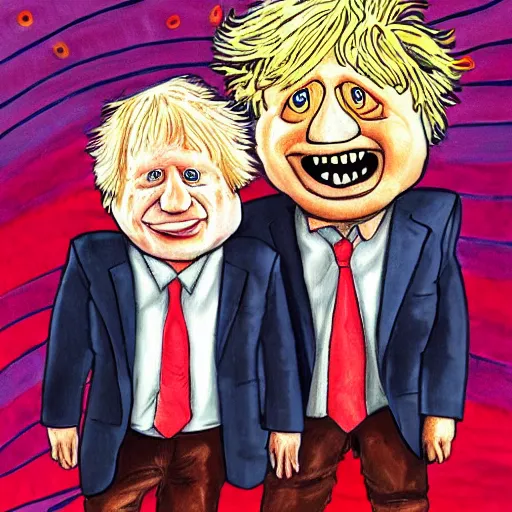 Prompt: highly detailed portrait barney the dinosaur and boris johnson, in love