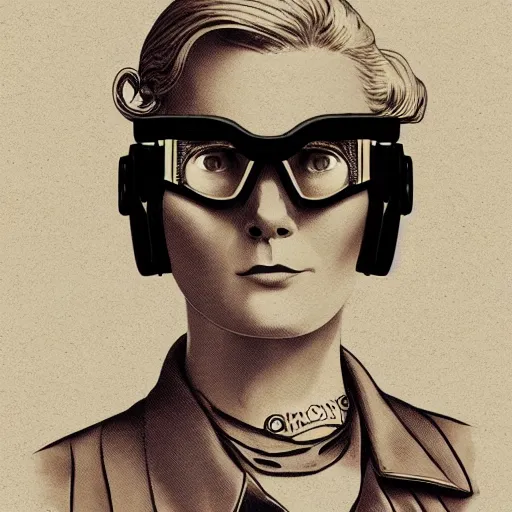 Prompt: retrofuture tattooed stoic heroic emotionless dirty butch blonde woman mechanic with very short slicked - back hair, full body, uncomfortable awkward and anxious, wearing dark - lensed victorian goggles, wearing flight suit, moebius, rough paper, smooth median photoshop filter cutout vector, moebius, ron cobb, sci fi, behance hd