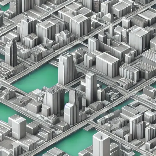 Image similar to an isometric overview Blender 3D model of a metropolis with a river in the middle, 3D grey buildings, octane render