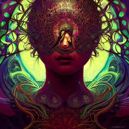 Image similar to An extremely psychedelic experience, surreal, dramatic lighting, magic mushrooms, psilocybin, LSD, face, detailed, intricate, elegant, highly detailed, digital painting, artstation, concept art, smooth, sharp focus, illustration, art by Krenz Cushart and Artem Demura and alphonse mucha