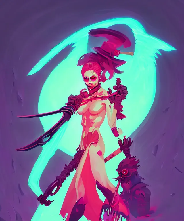 Image similar to a portrait of a neon grimm reaper holding a single scythe, fantasy, elegant, digital painting, artstation, concept art, matte, sharp focus, illustration, art by josan gonzalez