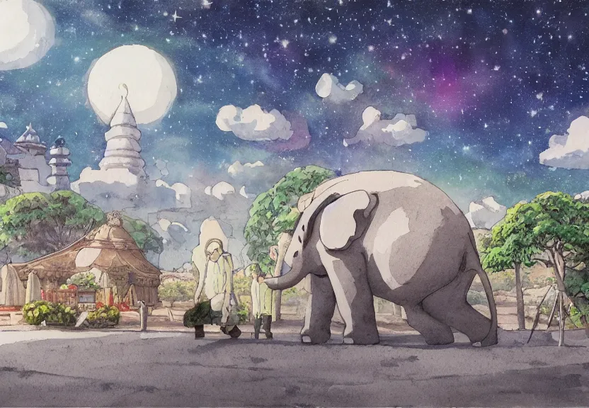 Prompt: a hyperrealist watercolor concept art from a studio ghibli film showing one giant grey elephant. a temple is under construction in the background in india on a misty and starry night. by studio ghibli. very dull muted colors