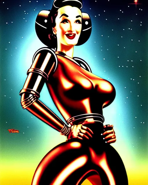 Prompt: closeup beautiful retro space dita von teese posing with a chrome robot in diesel punk city at night, pinup, windblown dark hair, seductive, hyper detailed, digital art, smooth, sharp focus, luis royo, gil elvgren, alberto vargas, 1 9 5 0, when mars attacks