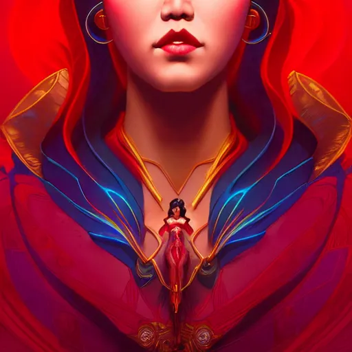 Image similar to jane de leon as darna, volumetric lights, red and cyan theme, art nouveau botanicals, intricate, highly detailed, digital painting, artstation, concept art, smooth, sharp focus, cinematic, illustration, beautiful face, art by artgerm and greg rutkowski and alphonse mucha