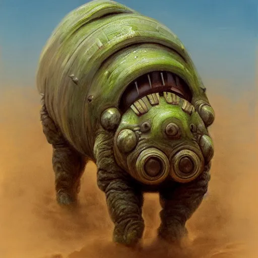 Prompt: realistic painting of a tardigrade kaiju, with 6 legs in a desert storm, by james gurney, slime, big globule eye, godzilla, vintage, concept art, oil painting, tonalism, crispy