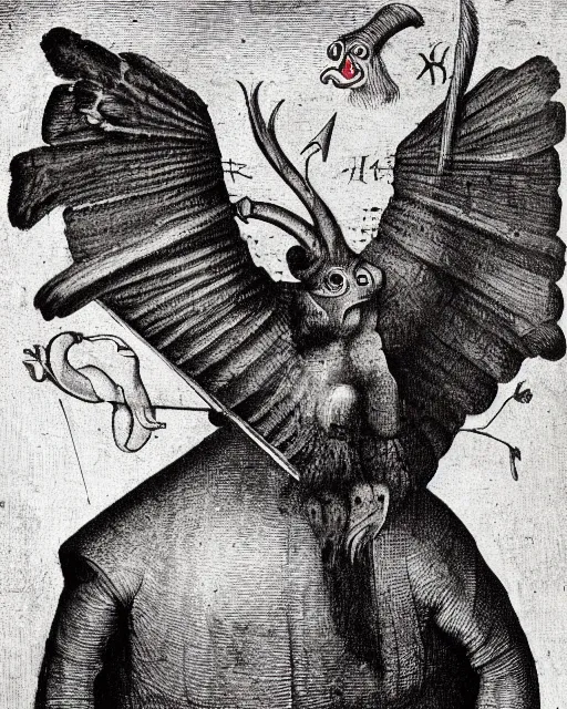 Prompt: a creature with the body and eyes of a man, beak of an eagle instead of the nose, the mane of a lion, two horns of an ox on the head. drawn by hieronymus bosch