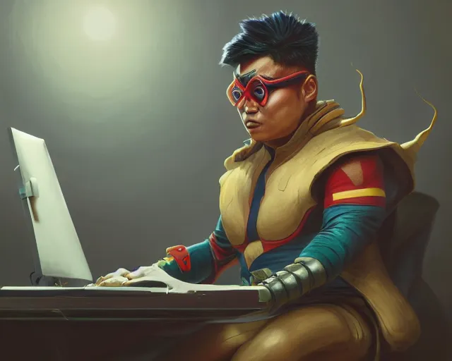 Image similar to an insanely detailed painting of an asian man wearing a homemade superhero costume, sitting at a desk, staring at the nervously at the computer and typing, in the style of peter mohrbacher, dramatic lighting and composition, surreal background, octane render, pixar, trending on artstation, concept art, comic book, view from behind