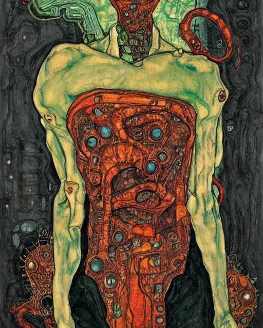 Prompt: portrait of cyberpunk cthulhu by egon schiele in the style of greg rutkowski