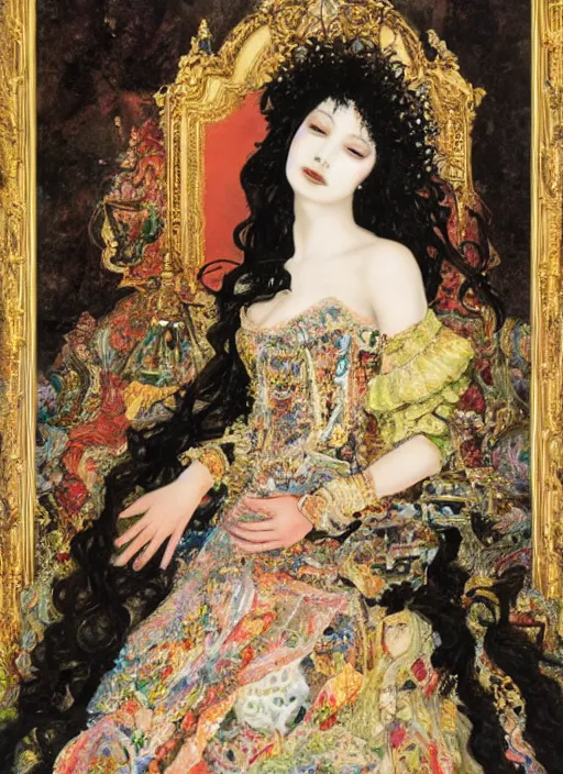 Image similar to oil painting of portait Queen of Ecstasy in a large throne room, Hungarian, curly black hair, by Yoshitaka Amano