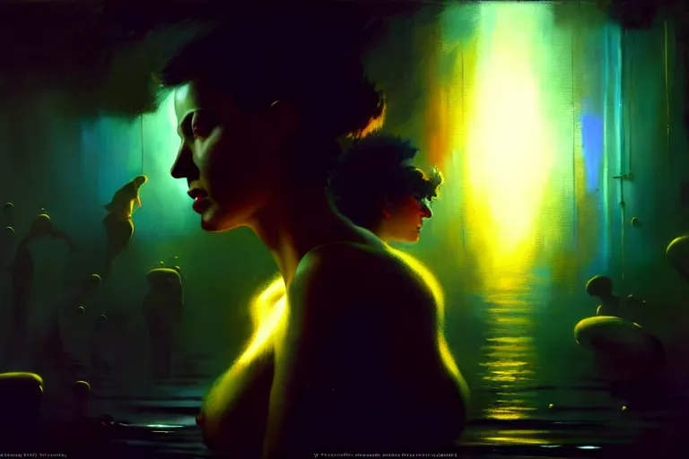 Image similar to surreal painting by craig mullins and greg rutkowski, owned to see a picture with a woman's face submerged in neon plasma, 8 k, unreal engine, cinematic lighting, hyperrealism, cinematic in the style of kronenberg