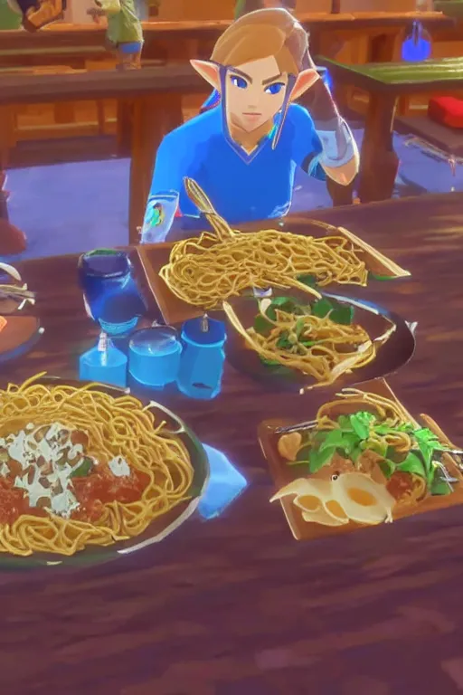 Image similar to in game footage of link from the legend of zelda breath of the wild eating spaghetti at a restaurant, breath of the wild art style.