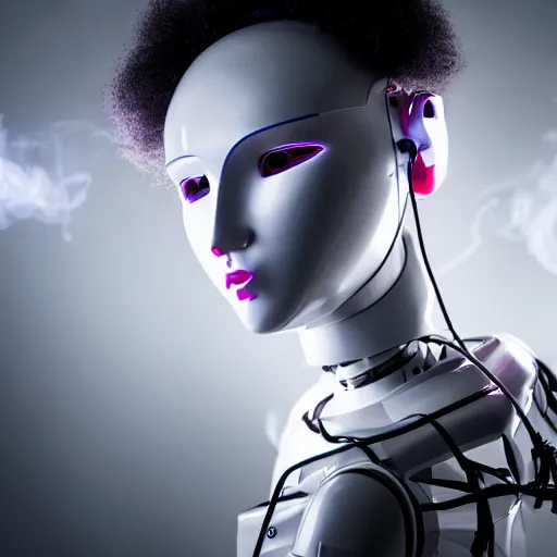 Image similar to A humanoid robot with wires coming out of her eyes, technopunk, computer screens in the background, a thin layer of smoke, digital art, XF IQ4, 150MP, 50mm, F1.4, ISO 200, 1/160s, natural light