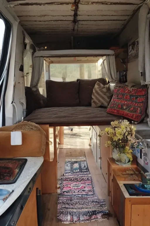 Image similar to conversion van interior, bohemian style, van life, light wood