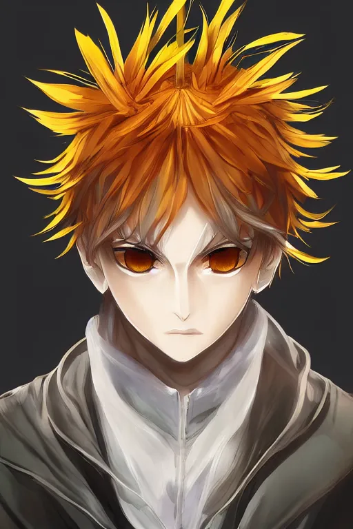 Image similar to amber glowing luminescent dandelion male anime character, symmetrical, highly detailed, digital art, sharp focus, trending on art station, amber eyes, autumnal colours