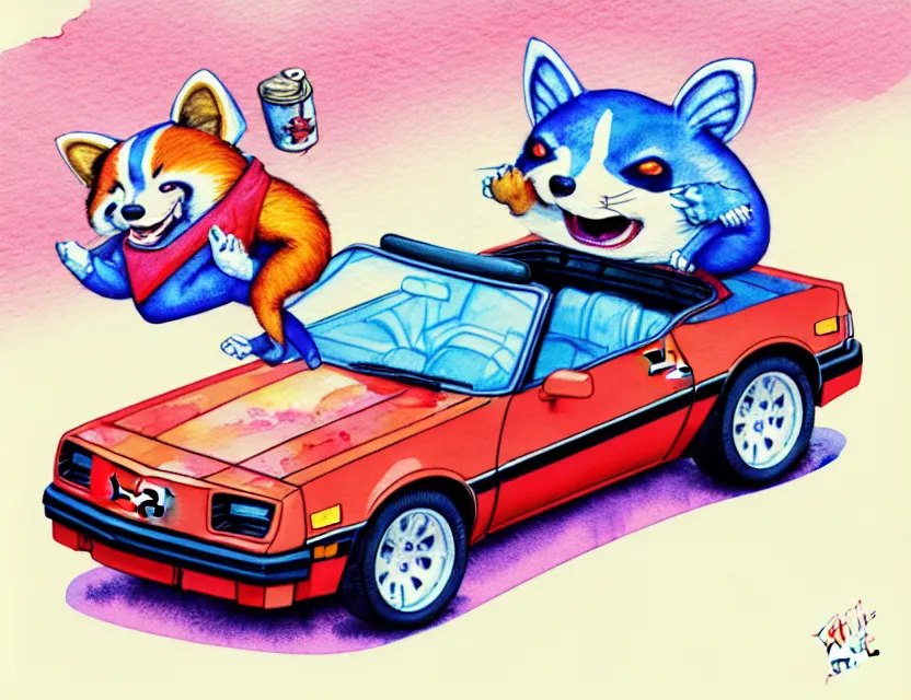 Image similar to cute and funny, redpanda riding in a tiny 1 9 8 7 chevy camaro, ratfink style by ed roth, centered award winning watercolor pen illustration, isometric illustration by chihiro iwasaki, edited by range murata, tiny details by artgerm and watercolor girl, symmetrically isometrically centered