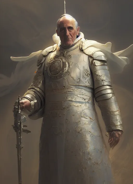 Image similar to The Futuristic Pope, extremely detailed digital painting, in the style of Fenghua Zhong and Ruan Jia and jeremy lipking and Peter Mohrbacher, mystical colors, rim light, beautiful Lighting, 8k, stunning scene, raytracing, octane, trending on artstation