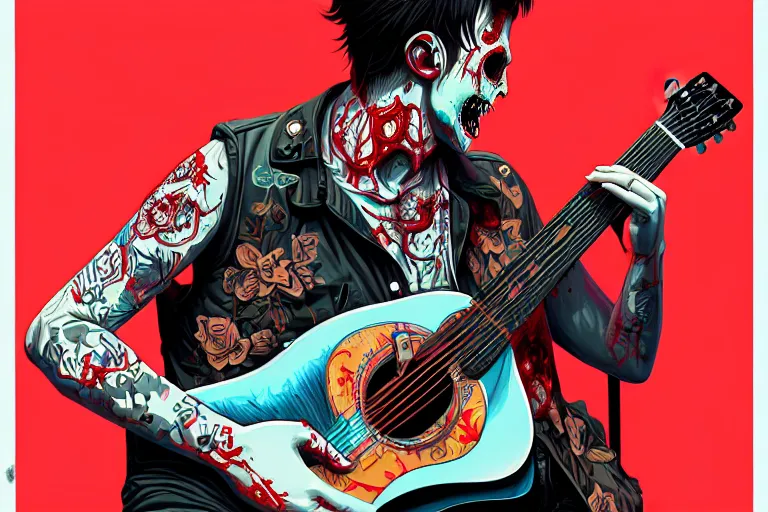 Prompt: zombie punk playing acoustic guitar, tristan eaton, victo ngai, artgerm, rhads, ross draws, intricated details, 3 / 4 view, full body portrait