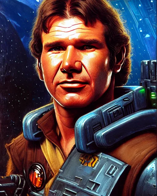 Image similar to character portrait closeup 4 0 years old han solo harrison ford cyberpunk starcraft terran warhammer 4 0 k space marine, confident, character design, painting by gaston bussiere, katsuya terada, frank frazetta, tom of finland, wlop, artgerm, dan mumford, action pose, trending on artstation