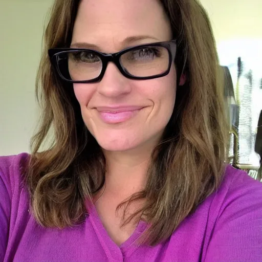 Prompt: 4 5 year old french and swedish woman, brown hair!, looks kind of like chubby candace cameron and jennifer garner, nerdy music teacher with phd, labile temper, wears oprah glasses, from wheaton illinois