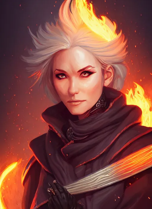 Image similar to portrait of a mix between wizard and rogue, female, shiny fire spell and dagger, leather robes, high fantasy, dnd, face details, extremely detailed, smooth, sharp focus, digital illustration, by artgem, rossdraws, sakimichan