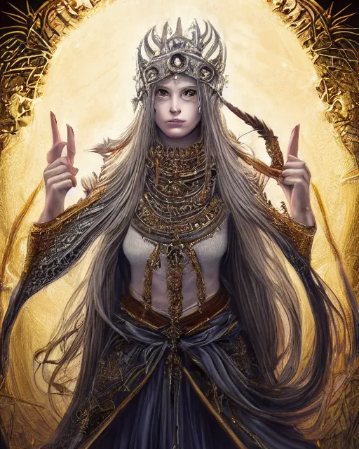 Image similar to highly detailed sharp photorealistic portrait of a beautiful female priestess with shimmering hair, symmetrical face and eyes, dressed in intricate silk and gold,holding sacred scripture, cgsociety, Elden Ring, Dark Souls, Bloodborne