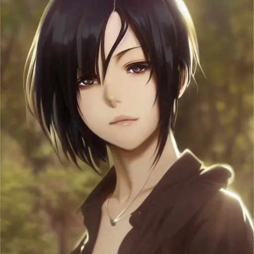 Image similar to anime mikasa ackerman, bokeh, beautiful face!!!!, 2 7 years old, sharp focus, cg animation, lifelike, animated, realistic, character select portrait, by artgerm, greg rutkowski, alphonse mucha, 3 d